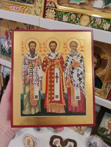 Рукописная икона Василий Великий Иоанн Златоуст Григорий Богослов №2