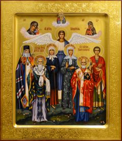 Рукописная икона Собор Святых Чудотворцев с резьбой (Размер 27*31 см)