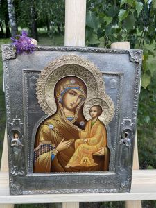 Рукописная икона Тихвинская с окладом 8 (Размер 26*31 см)