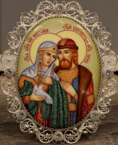 Икона из финифти Петр и Феврония с фианитами №77 (Размер 9х10.5 см)