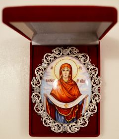 Икона из финифти Покров с фианитами (Размер 9*10.5 см)