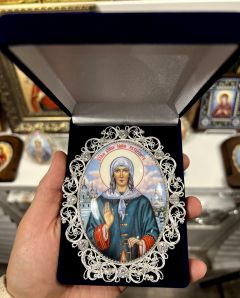 Икона из финифти Ксения Петербургская с фианитами (Размер 9*10.5 см)