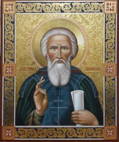 Рукописная икона Сергий Радонежский с резьбой