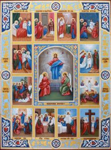 Рукописная икона Воскресение Христово и 12 Праздников