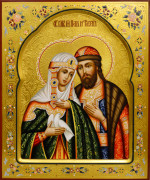 Рукописная икона Петр и Феврония с резьбой №191 (Размер 21х25 см)